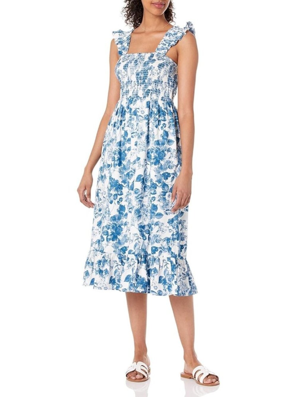 Small White & Blue Floral Print Ruffled Shoulder Smocked Midi Dress The Drop Kim